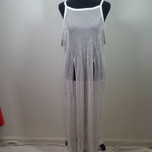 White Mesh Maxi Swim Coverup with Fringe Slits
